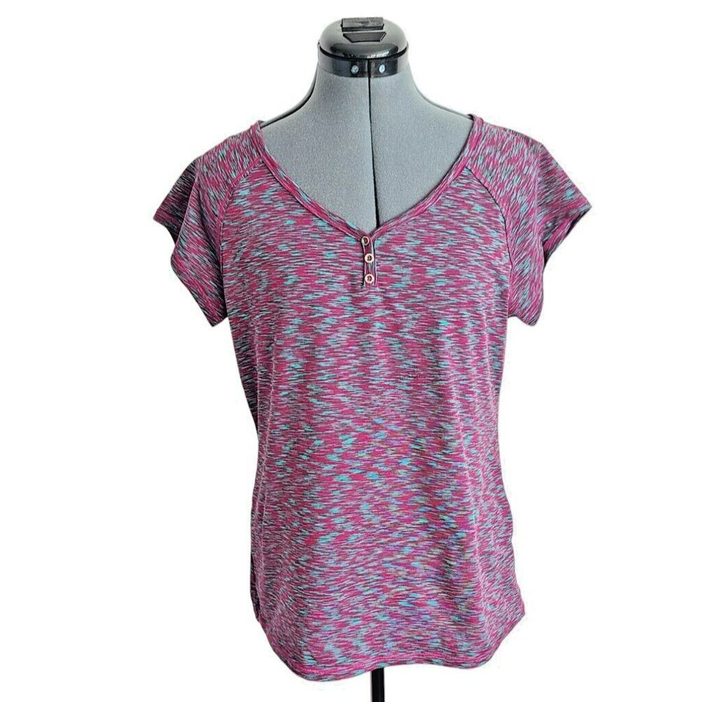 Lands End Womens Space Dye Henley V-Neck Active Short Sleeve Top Magenta Teal L